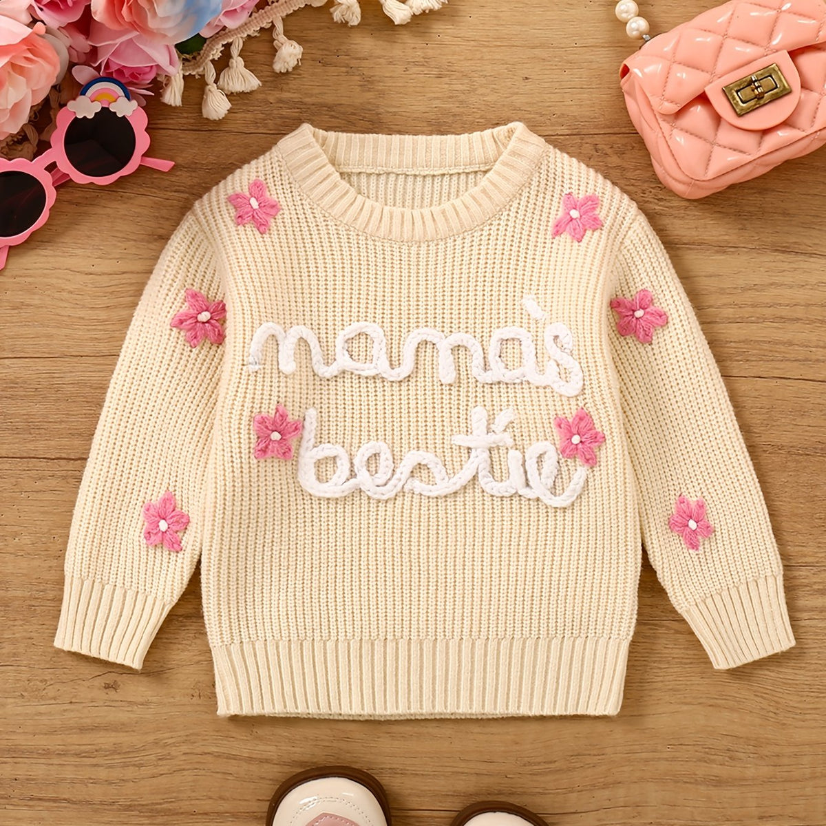 Pull à manches longues brodé à la main pour bébés filles avec lettres — Monptitlou Image