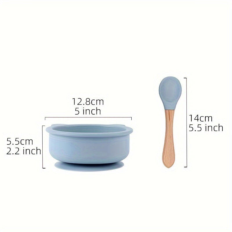 2 pièces ensemble de vaisselle pour bébé en silicone alimentaire avec ventouse, cuillère complémentaire à manche en bois
