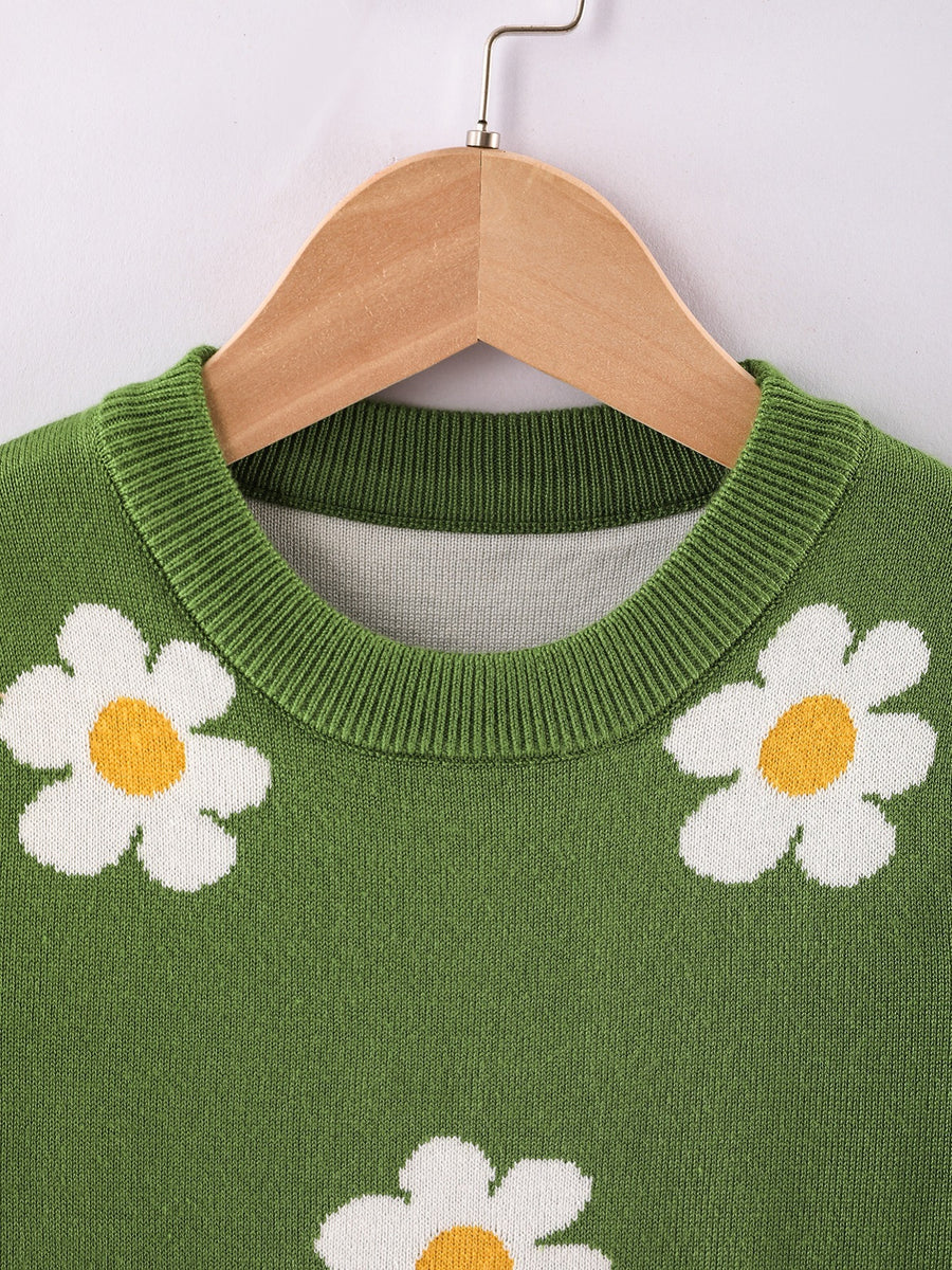 Pull col rond pour fille motif fleuri pour l'hiver — Monptitlou