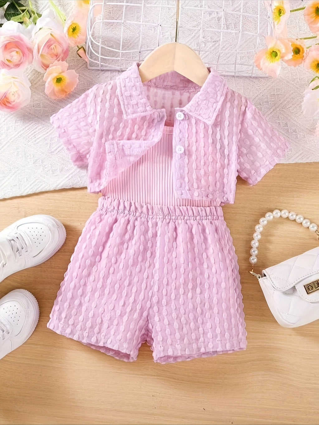 Ensemble 3 pièces pour bébé fille : barboteuse à bretelles — Monptitlou