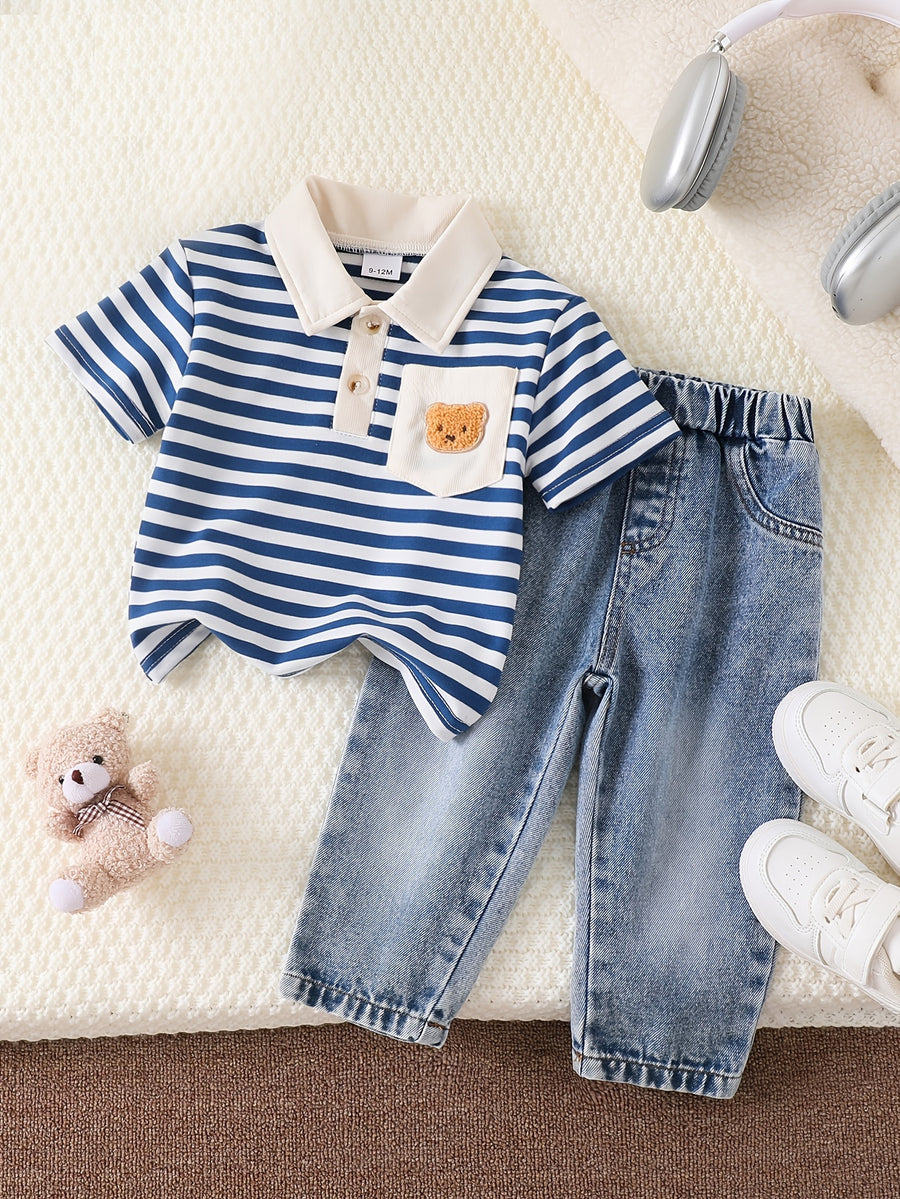 Ensembles en denim pour garçons : chemise rayée avec poche ours — Monptitlou