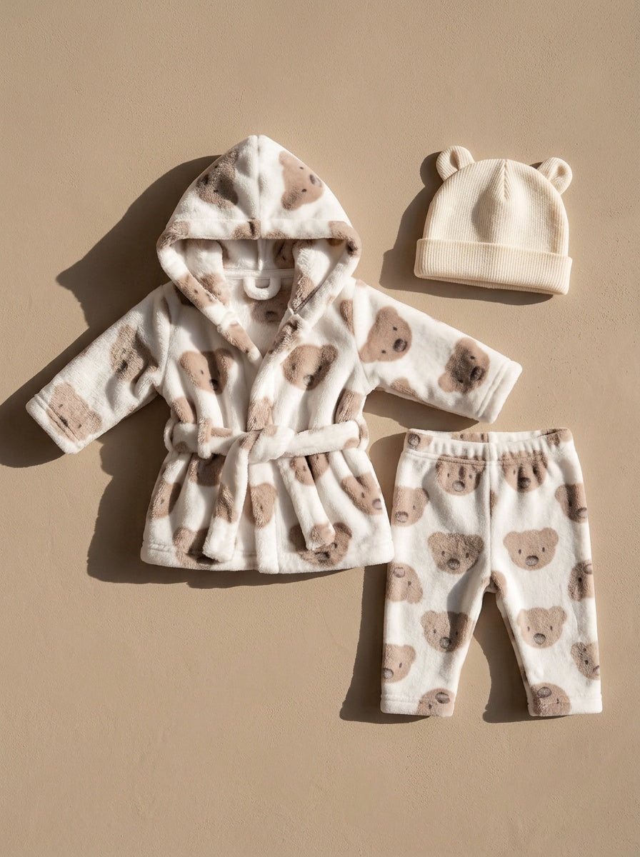 Pour bébé garçon : veste à capuche et pantalon en peluche crème à motif — Monptitlou Image