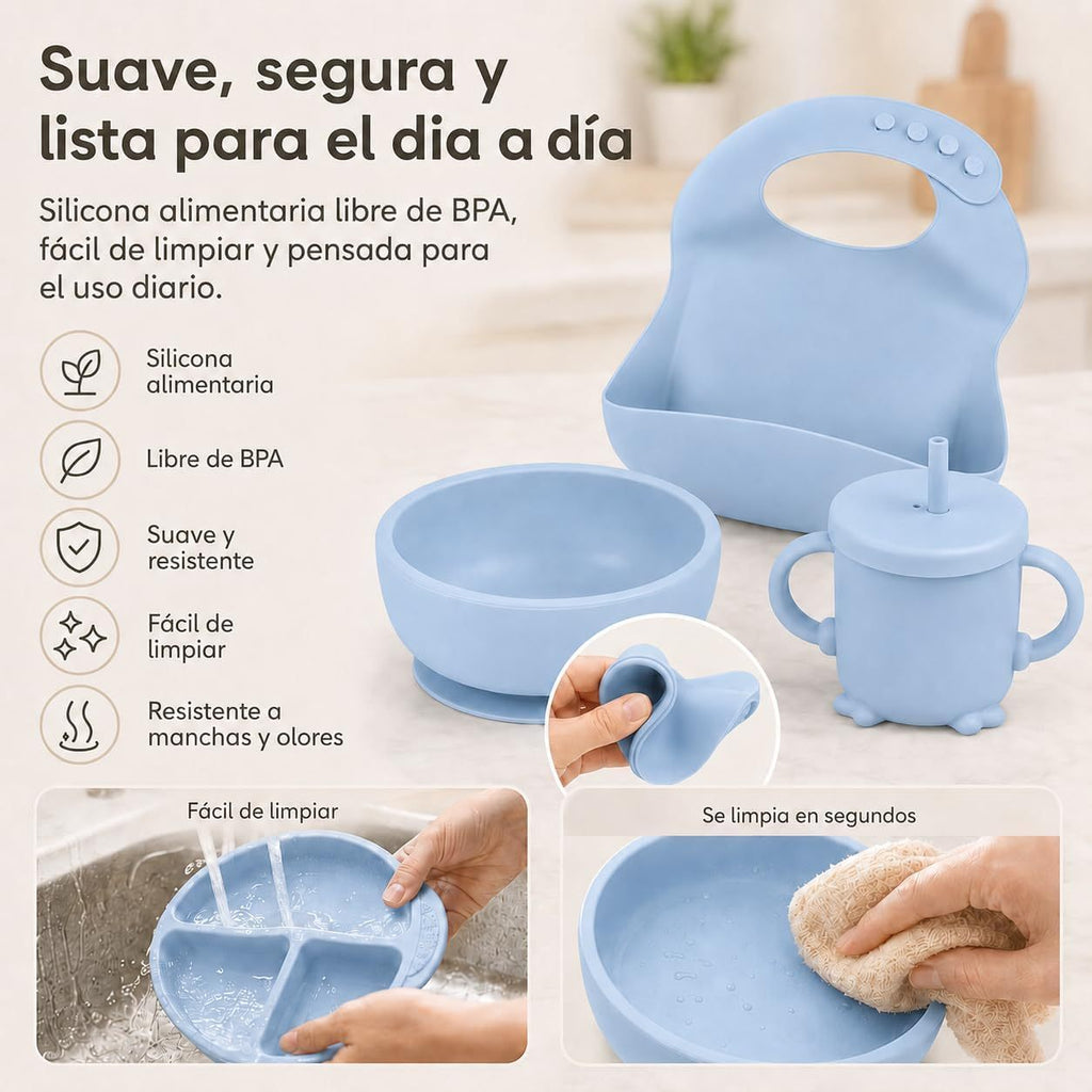 Ensemble d'alimentation bleu pour bébé en silicone — Monptitlou