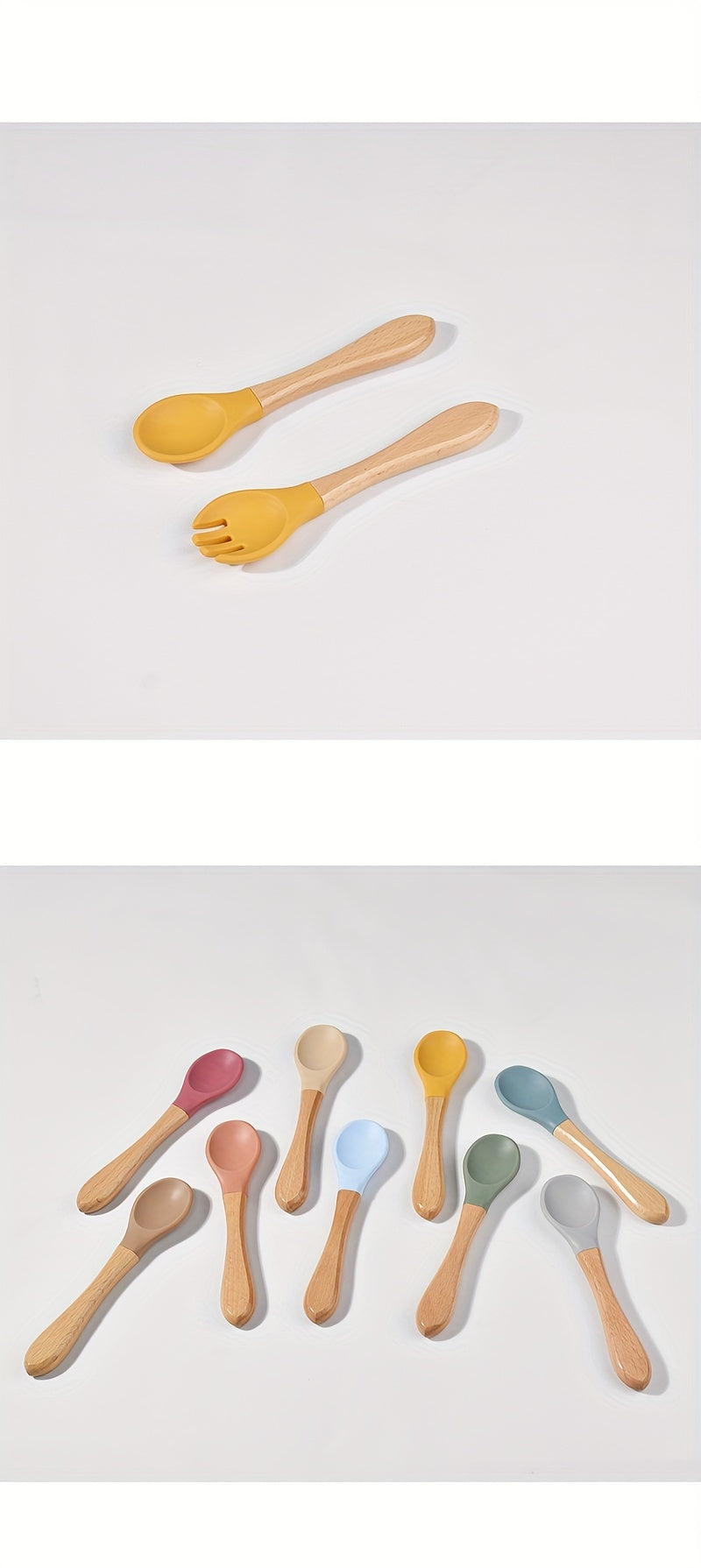 Cuillère en silicone alimentaire avec manche en bois, fourchette et cuillère d'apprentissage pour bébé, set de 2 pièces