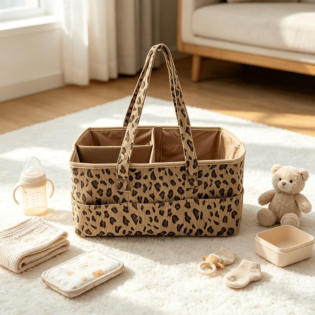 1 panier de rangement pour bébé en velours côtelé à motif léopard — Monptitlou