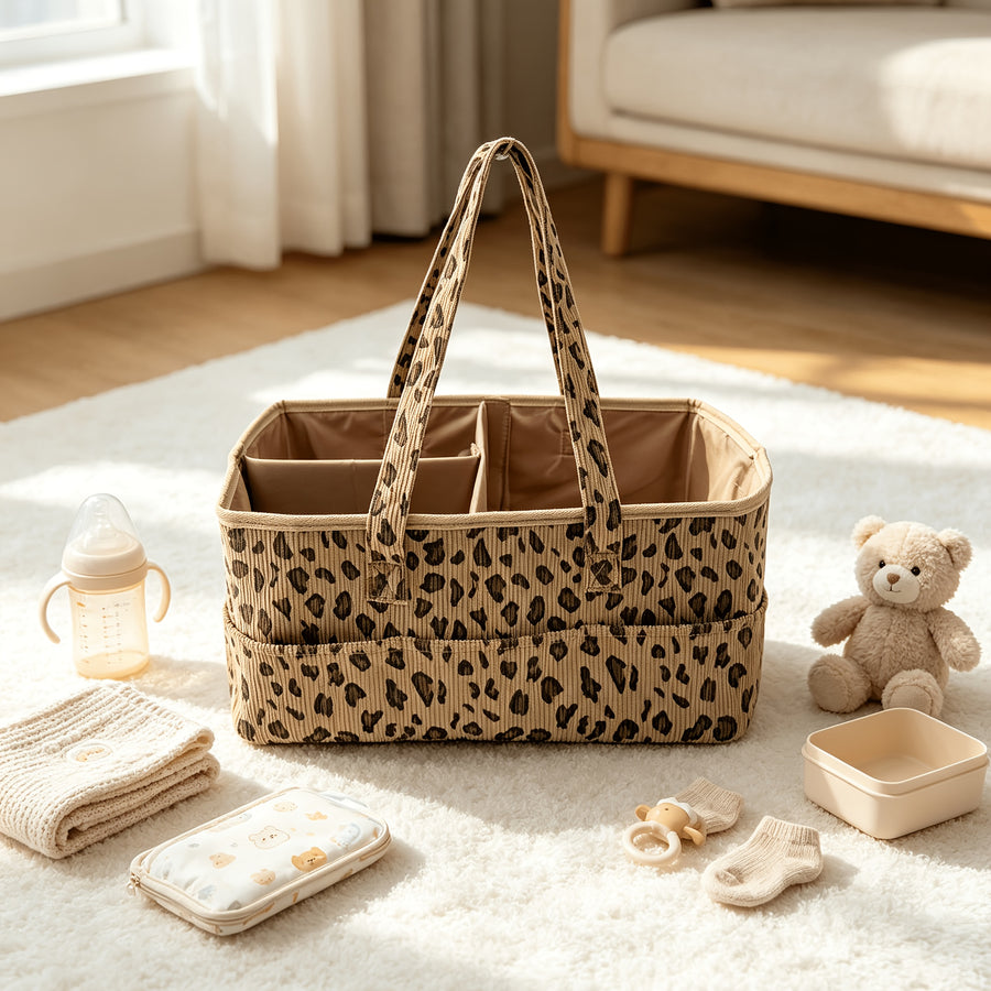 1 panier de rangement pour bébé en velours côtelé à motif léopard — Monptitlou