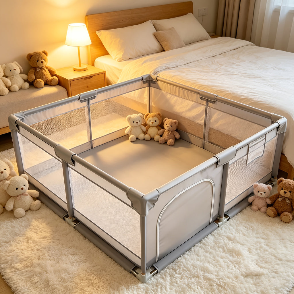 Barrière bébé surdimensionnée grise, filet souple et respirant — Monptitlou