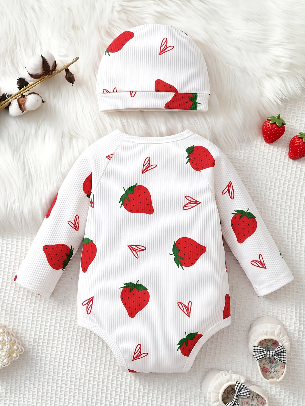 Body Triangle Bébé Fille Fond Blanc Fraise Imprimé Cartoon Volant — Monptitlou