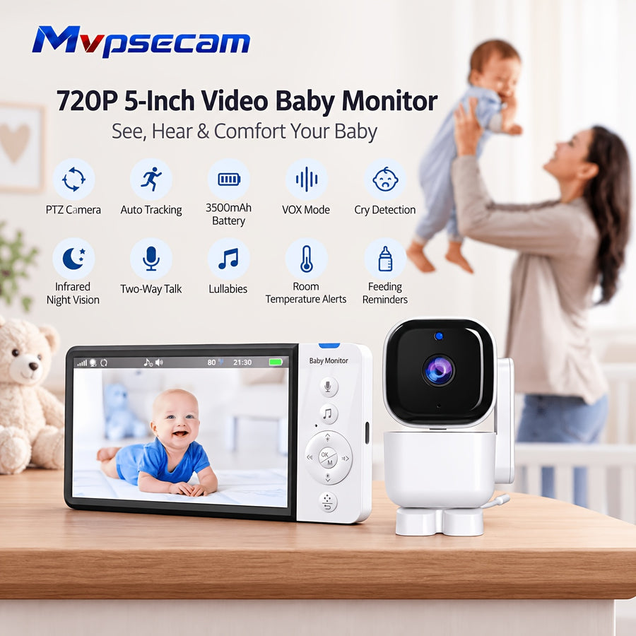 Moniteur vidéo bébé 720P 5 pouces avec caméra PTZ suivi automatique — Monptitlou
