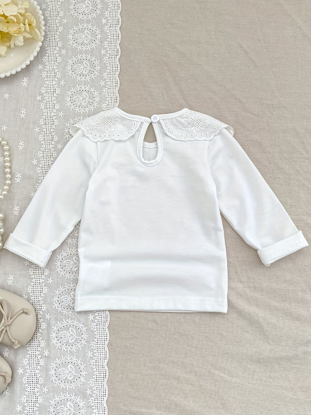 T-shirt pour filles à col dentelle unicolore — Monptitlou
