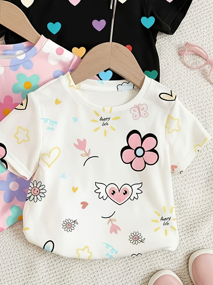 T-shirts manches courtes col rond motif floral et cœur estival — Monptitlou