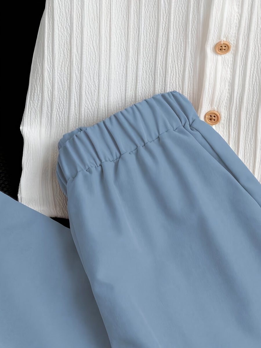 [Idéal été automne] Ensemble chemise à manches longues unie et rayée et — Monptitlou