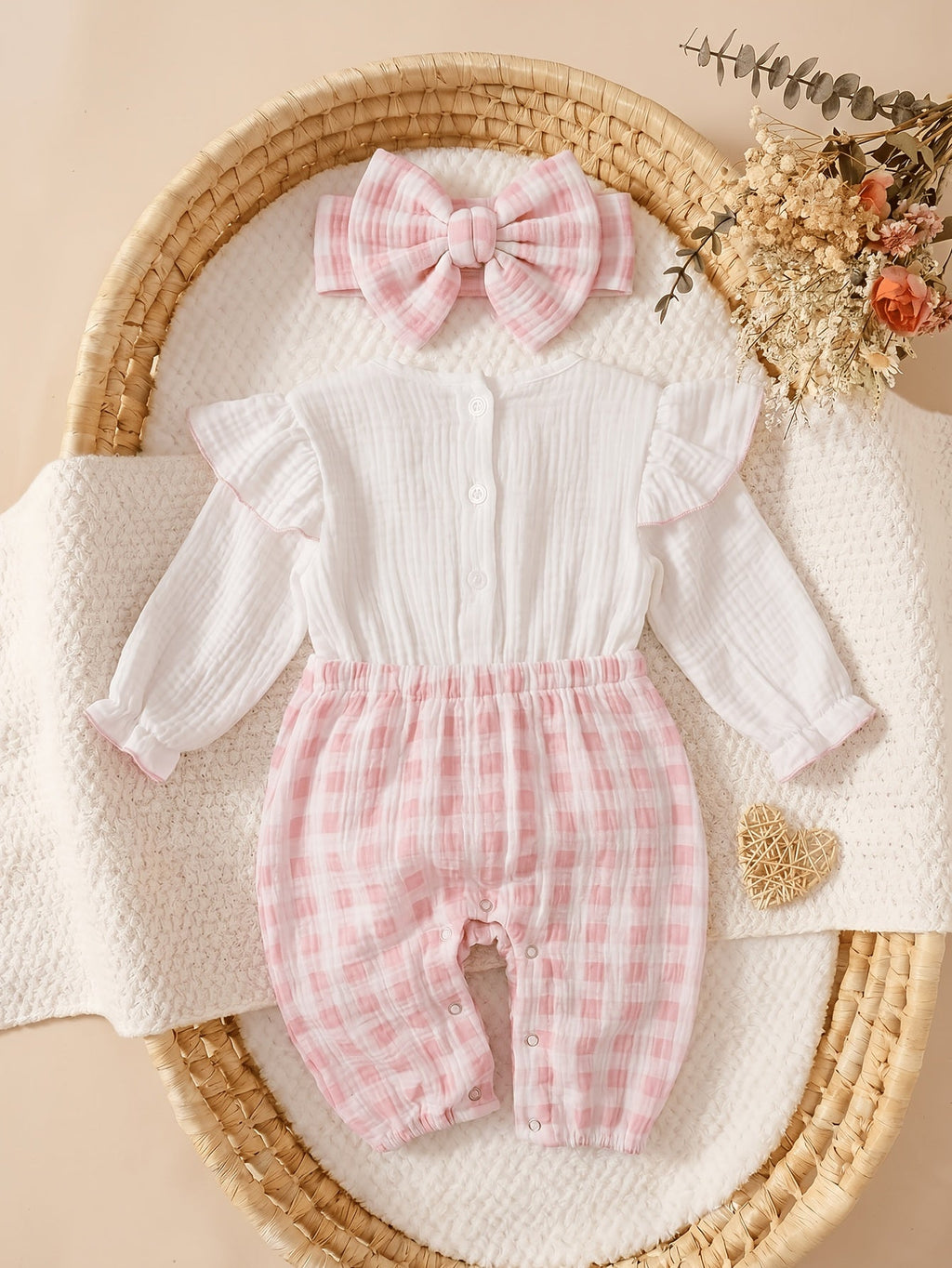 Combinaison d'automne pour bébé fille, rose à carreaux froissés — Monptitlou