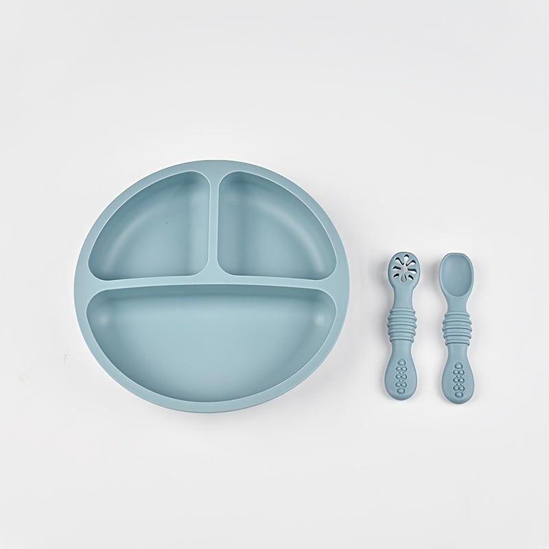 Ensemble de couverts en silicone alimentaire pour bébé - 3 pièces : assiette ronde, cuillère à fentes, cuillère à purée 
