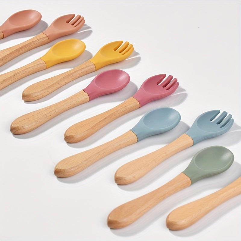 Cuillère en silicone alimentaire avec manche en bois, fourchette et cuillère d'apprentissage pour bébé, set de 2 pièces