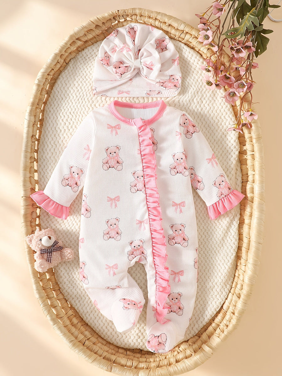 Body bébé fille imprimé ours avec pieds, assorti d'un chapeau nœud — Monptitlou