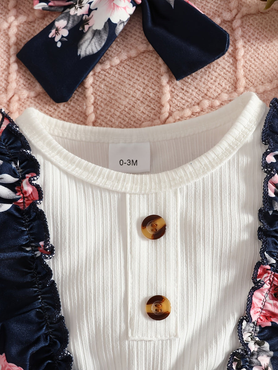 Combinaison à manches longues imprimée fleurs avec foulard, tenue d'extérieur