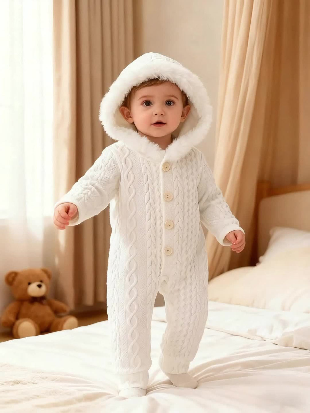 Combinaison pour bébés filles, style décontracté automne-hiver, à capuche épaisse, unie, à un bouton, coupe classique et