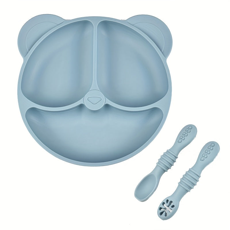 [Cadeau pour enfants] Assiette Divisée en Silicone (avec Ventouse) et 2 Cuillères Complémentaires pour Bébés - Vaisselle