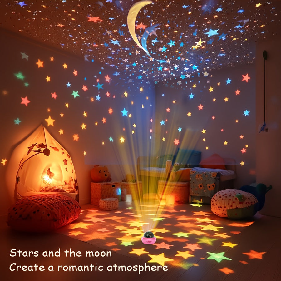 Lampe de nuit étoile et lune rose, projection rotative à 360 degrés — Monptitlou