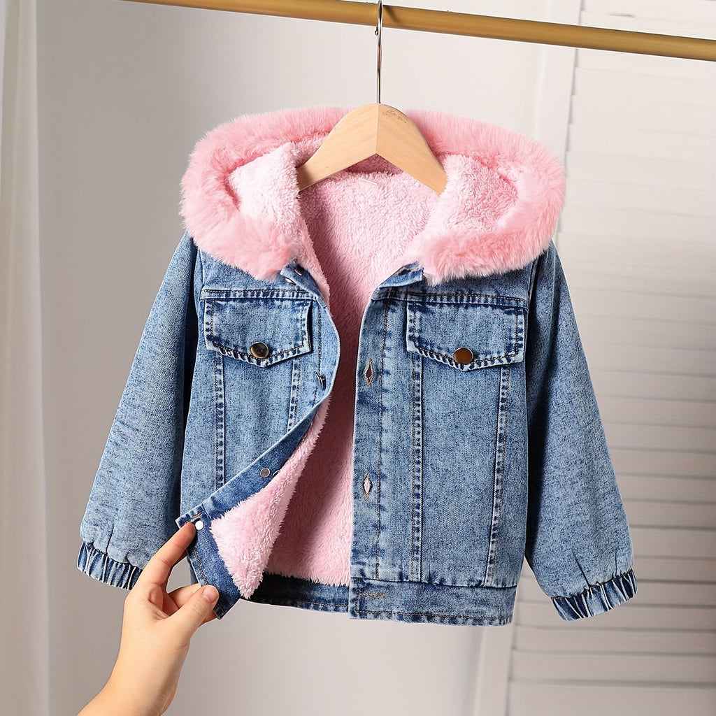 Veste en jean doublée moumoute rose， avec manches longues et capuche — Monptitlou
