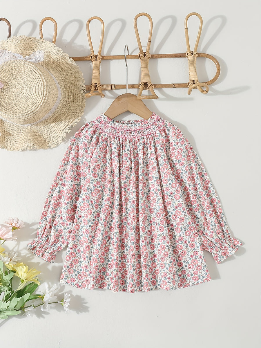 Chemise fille à manches longues - motif imprimé - taille smocked — Monptitlou