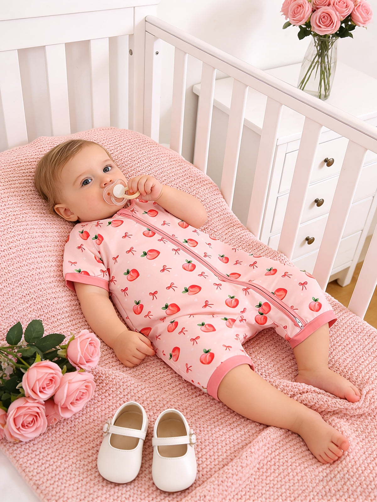 Combinaison bébé fille à motif pêches et nœuds — Monptitlou Image