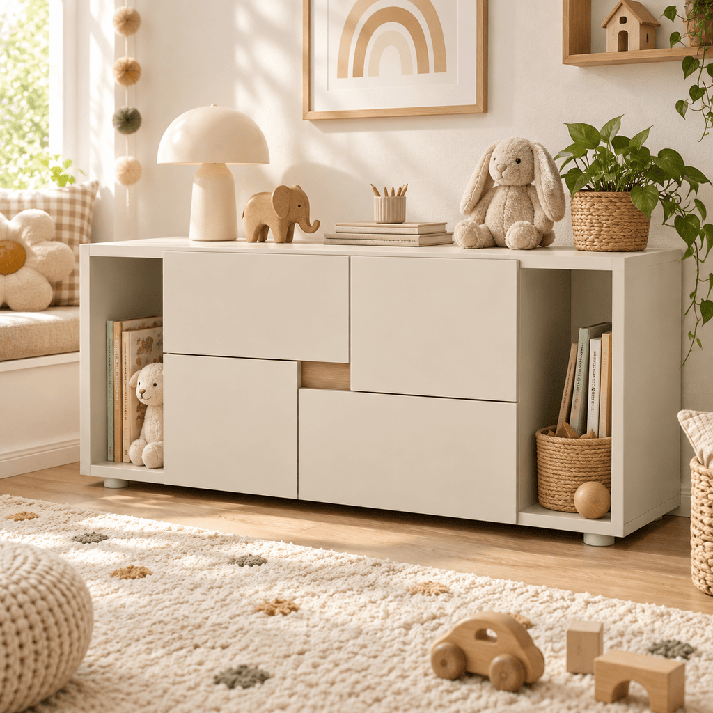 Bibliothèque basse enfant LINOA 4 portes cachemire avec 2 niches — Monptitlou