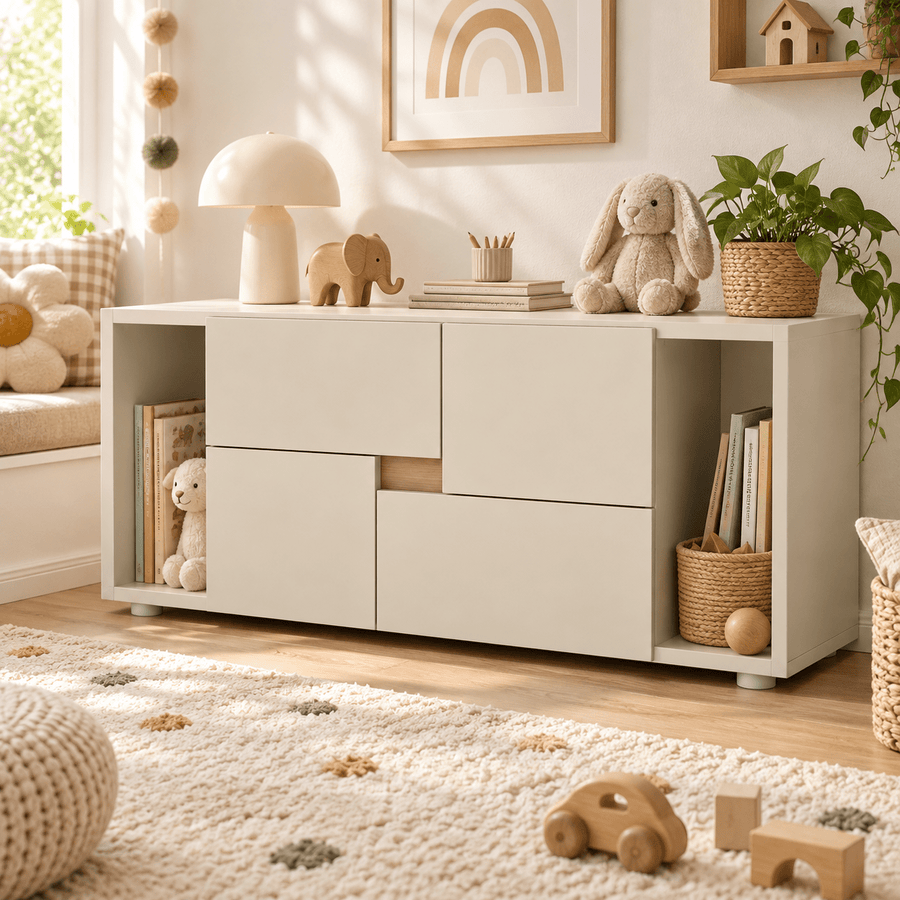 Bibliothèque basse enfant LINOA 4 portes cachemire avec 2 niches — Monptitlou