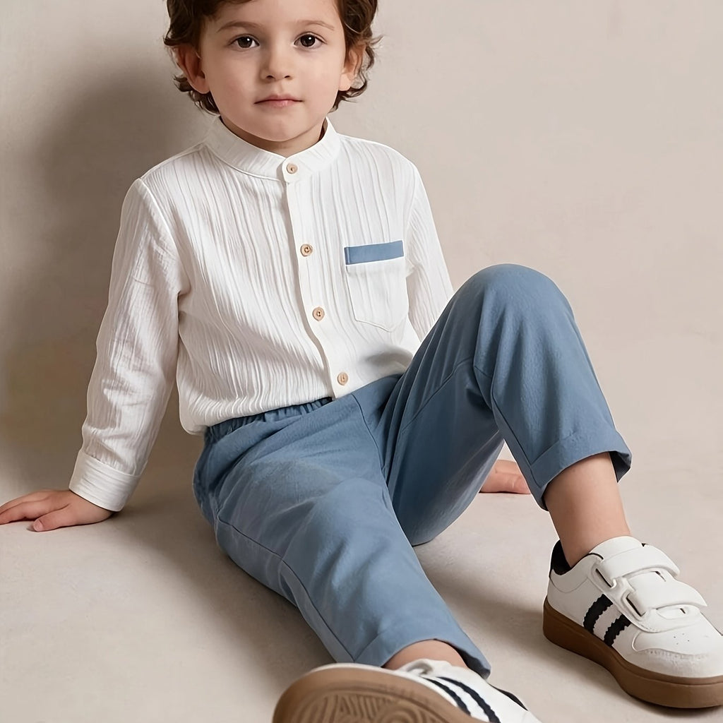 [Idéal été automne] Ensemble chemise à manches longues unie et rayée et — Monptitlou