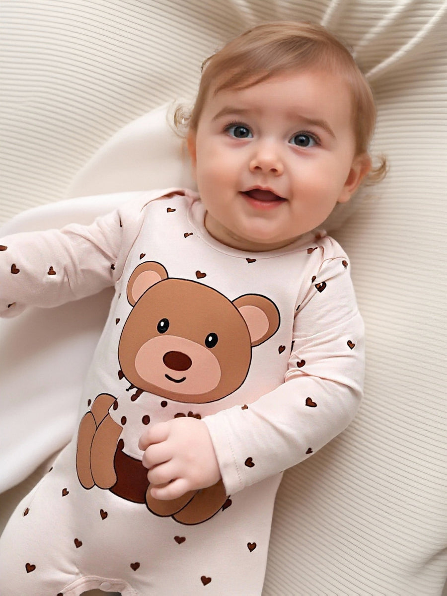 Bodysuits pieds pour bébé, imprimé ours, col rond manches longues — Monptitlou