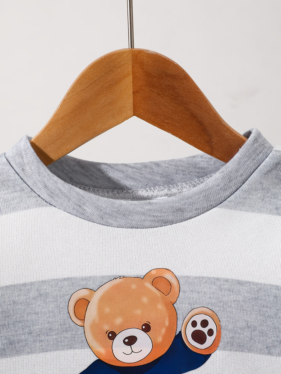 Ensemble sweat à manches longues en polaire imprimé ours cartoon rayé — Monptitlou