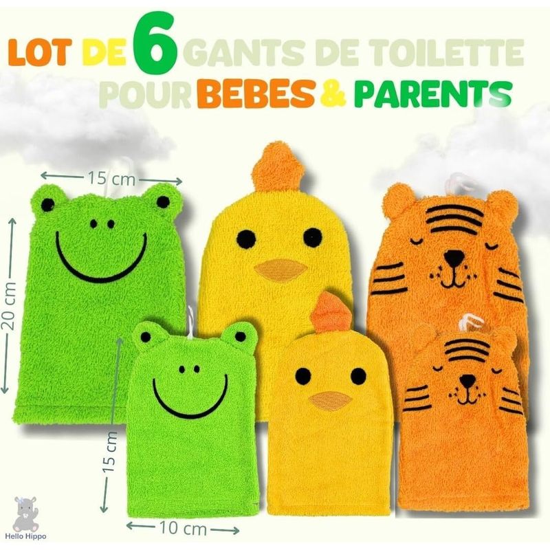 Ensemble Hello Hippo de 6 Gants de Toilette pour Bébé et Parents — Monptitlou