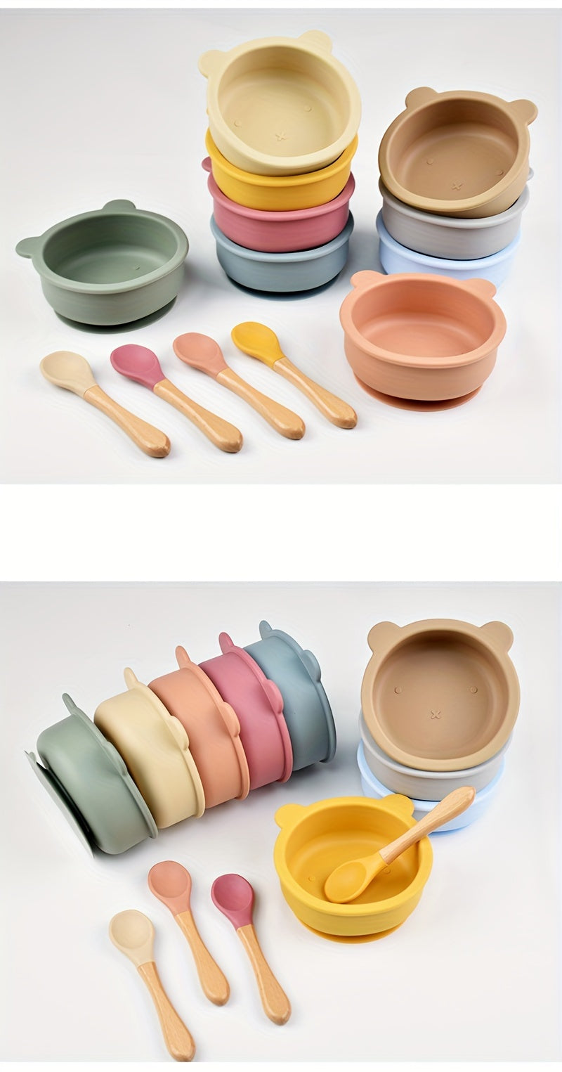 2 pièces ensemble de vaisselle pour bébé en silicone alimentaire avec ventouse, cuillère complémentaire à manche en bois
