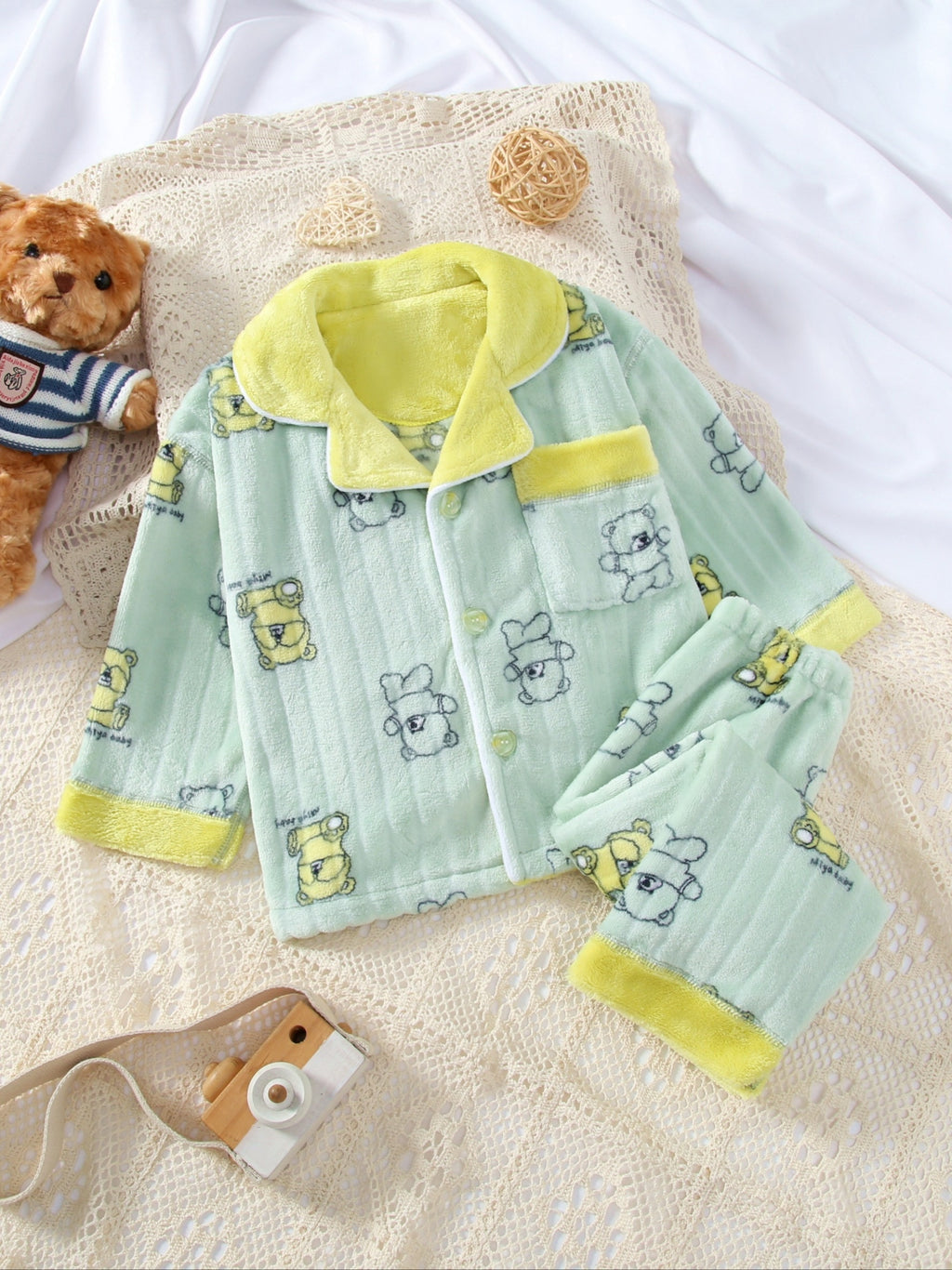 Ensemble deux pièces en flanelle épaisse à motif ours mignon pour — Monptitlou