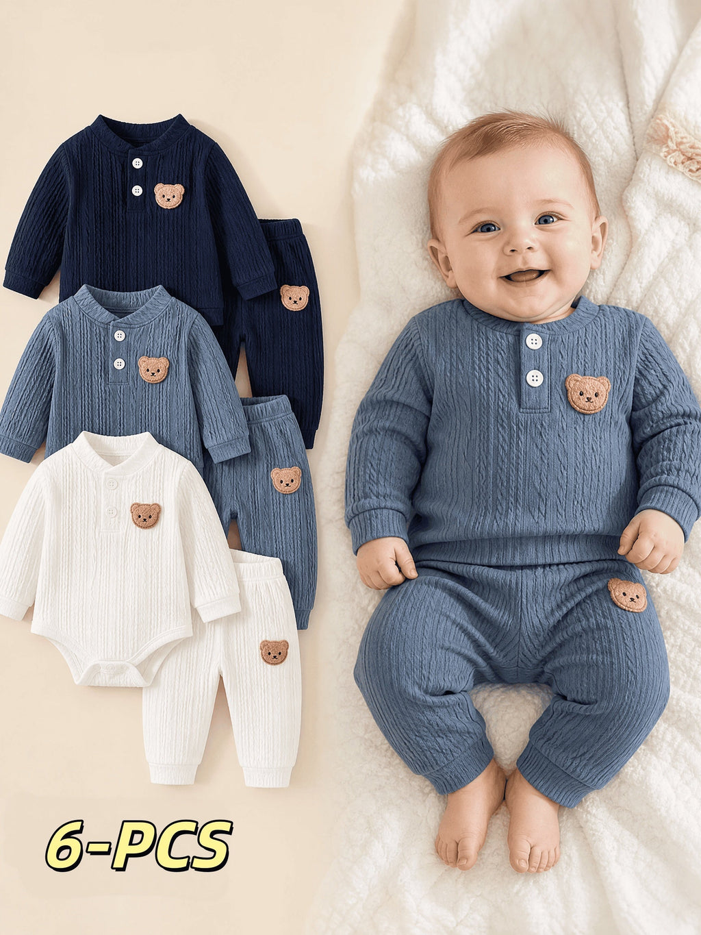Ensemble 6 pièces pour nouveau-né motif ours brodé, texture jacquard — Monptitlou