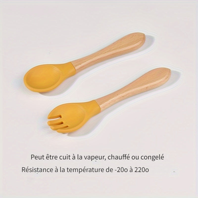 Cuillère en silicone alimentaire avec manche en bois, fourchette et cuillère d'apprentissage pour bébé, set de 2 pièces