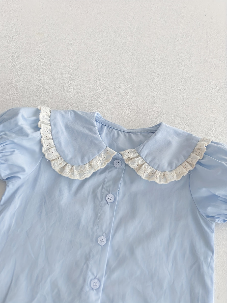 Haut de base ample et court à manches bouffantes en dentelle à revers — Monptitlou