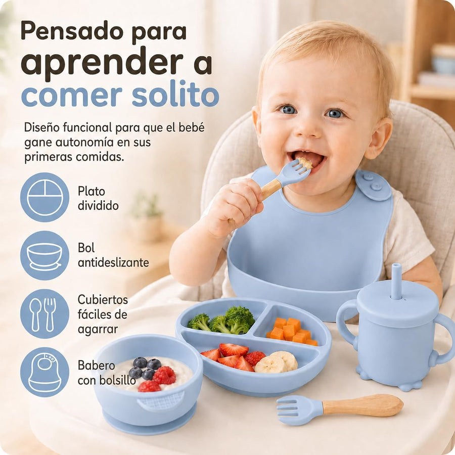 Ensemble d'alimentation bleu pour bébé en silicone — Monptitlou