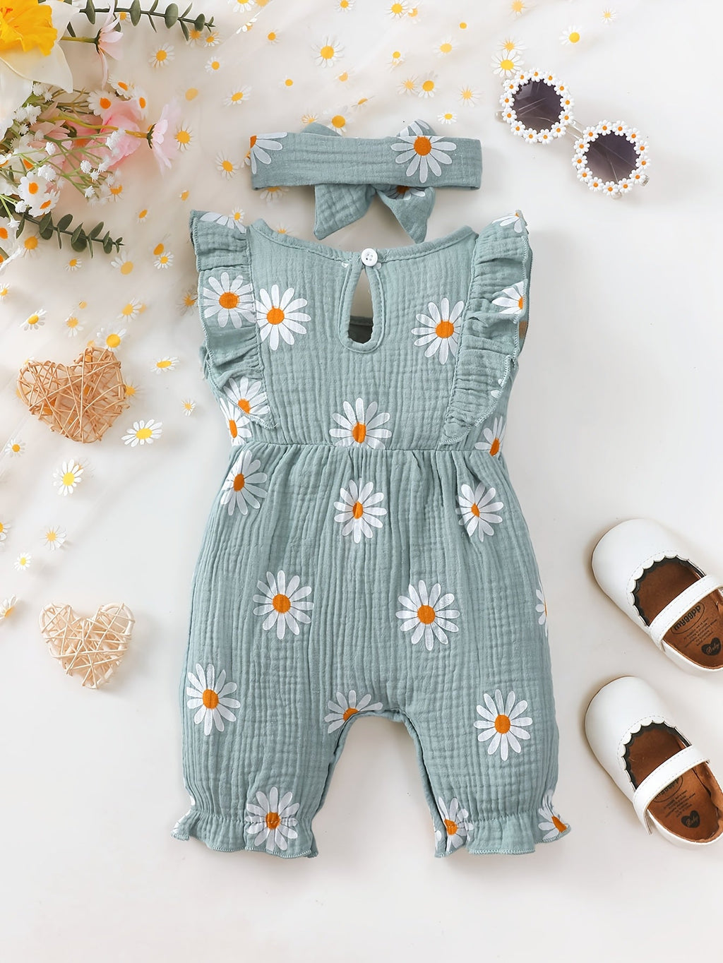 Romper bébé fille été style mignon avec motif petite marguerite imprimé, tissu froncé double face, dentelle mignonne, sa