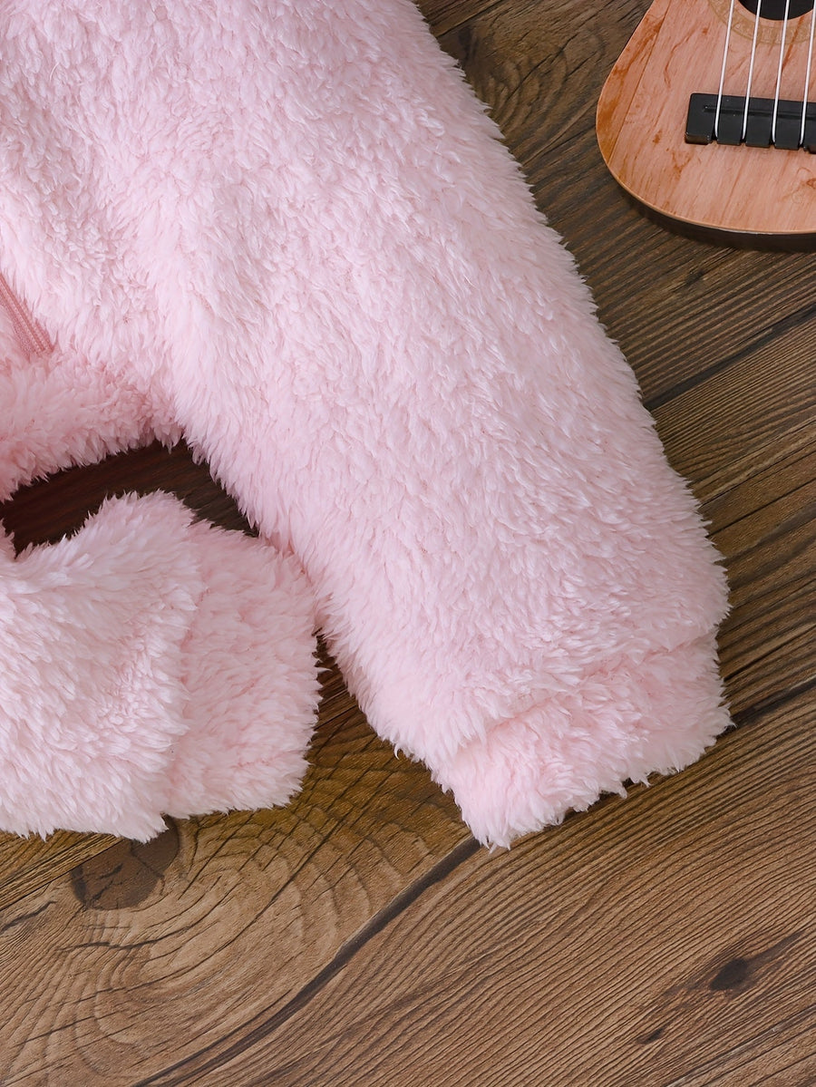 Combinaison Mignonne à Manches Longues en Peluche Unie pour Filles - Automne/Hiver avec Fermeture Éclair et Petit Chapea