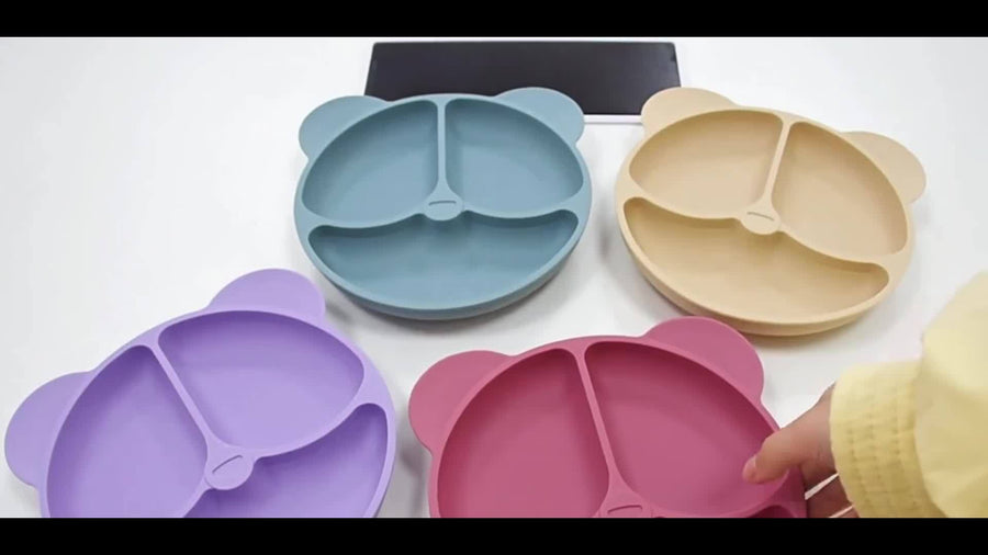 [Cadeau pour enfants] Assiette Divisée en Silicone (avec Ventouse) et 2 Cuillères Complémentaires pour Bébés - Vaisselle