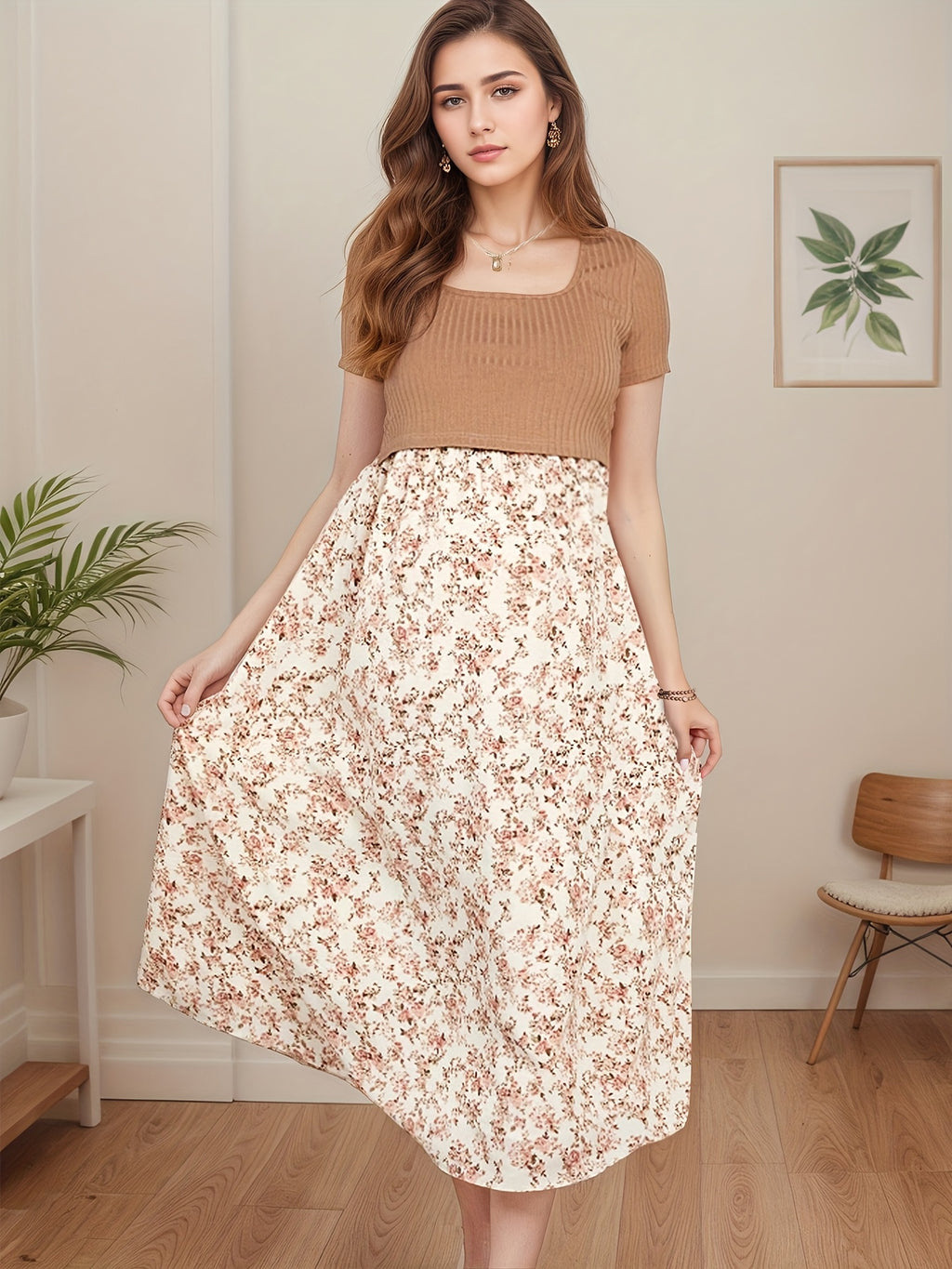 Robe d'allaitement pour grossesse, stretch, froncée, patchwork floral — Monptitlou