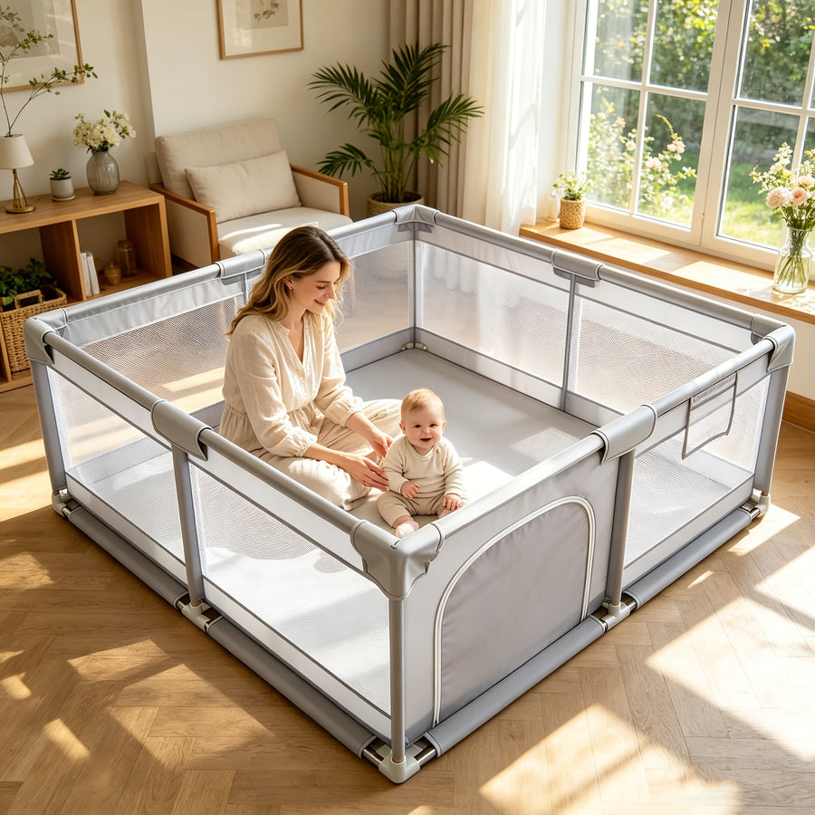 Barrière bébé surdimensionnée grise, filet souple et respirant — Monptitlou