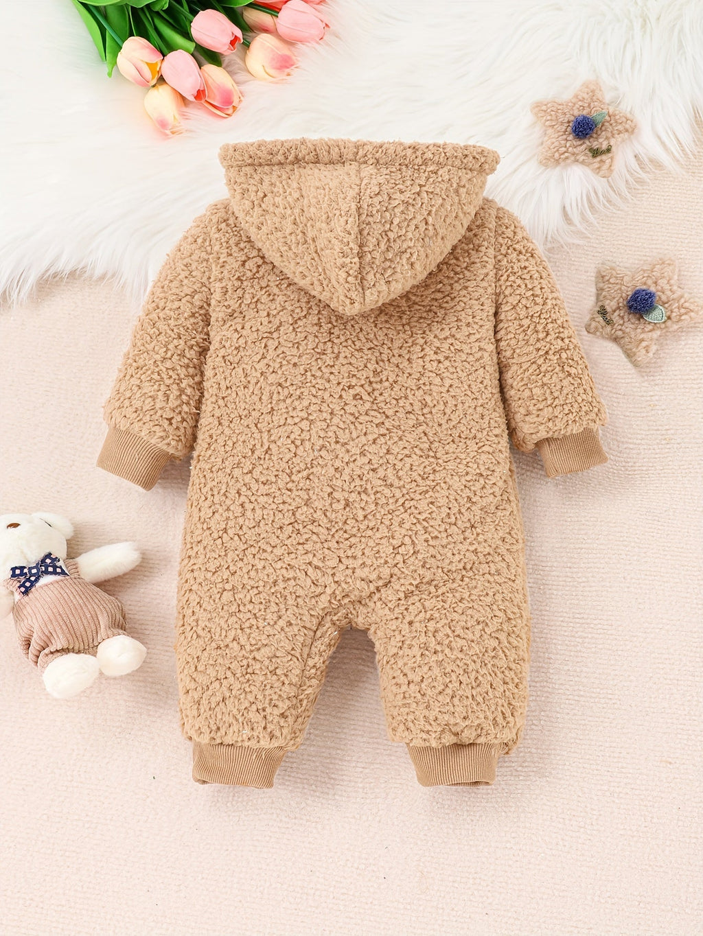 Combinaison chaude d'automne et d'hiver pour bébés filles et garçons avec fourrure mignonne en plein air à capuche