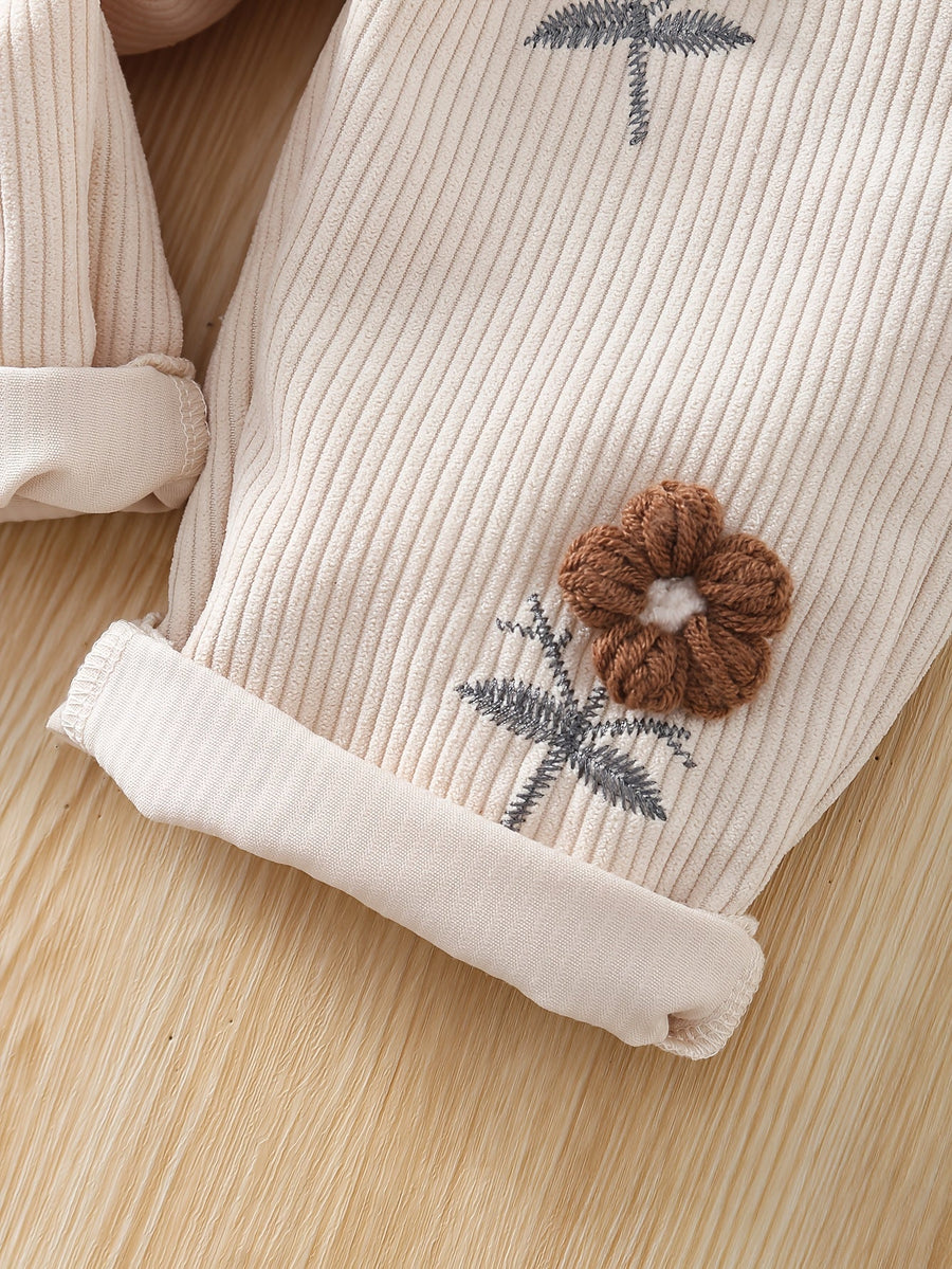 Salopette en velours côtelé pour bébé fille, combinaison avec broderie 3D en forme de serviette et fleurs, pantalon déco