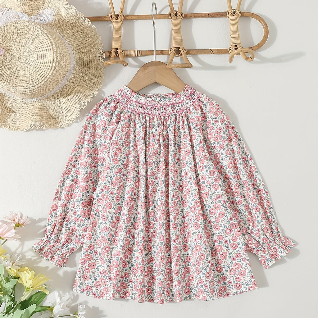 Chemise fille à manches longues - motif imprimé - taille smocked — Monptitlou