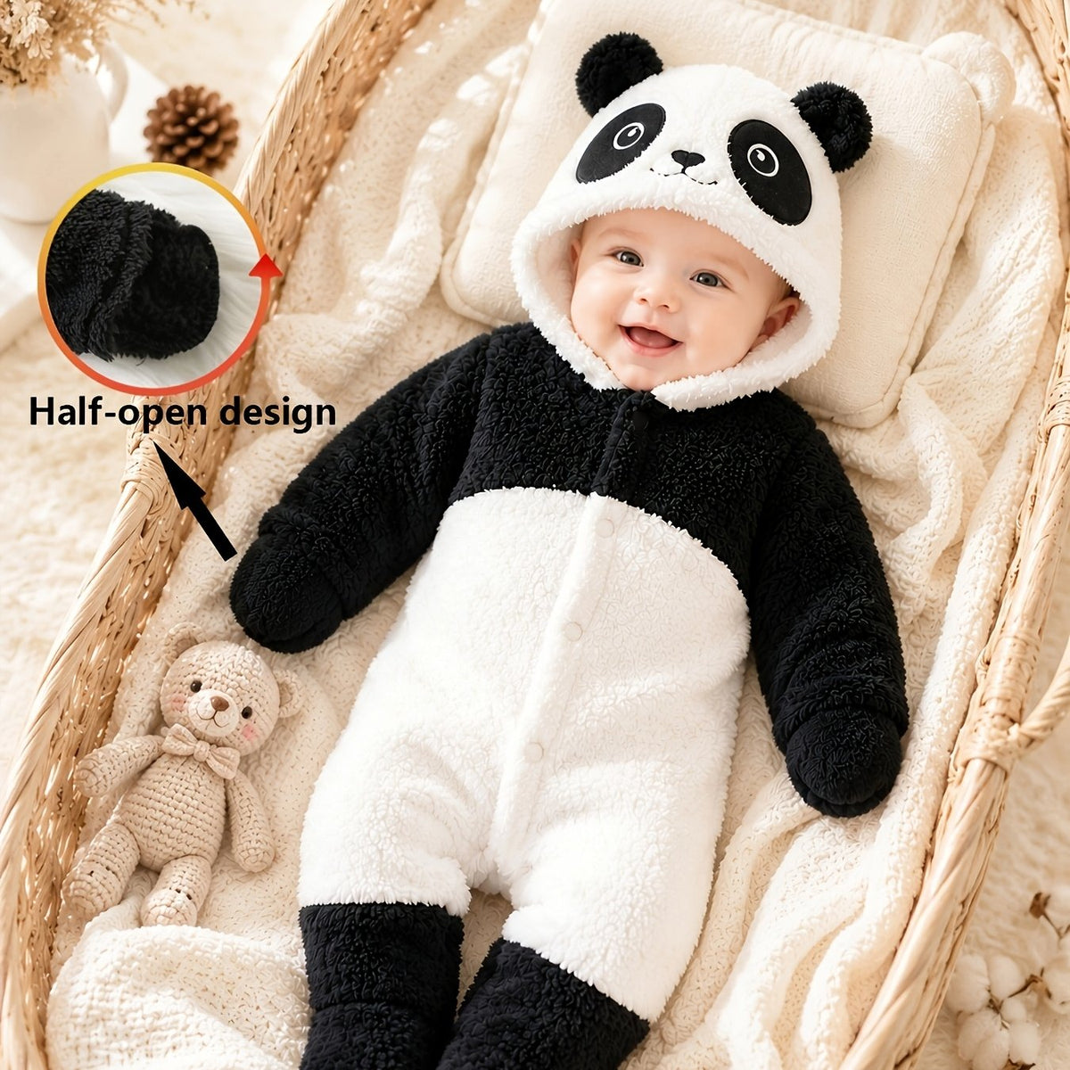 Combinaire bébé nouveau-né en polaire épaisse forme panda cartoon avec — Monptitlou Image