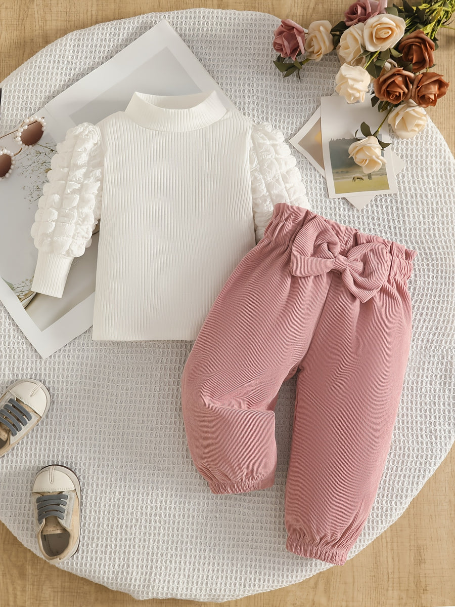 Haut à manches bouffantes et pantalon long avec nœud rose pour — Monptitlou