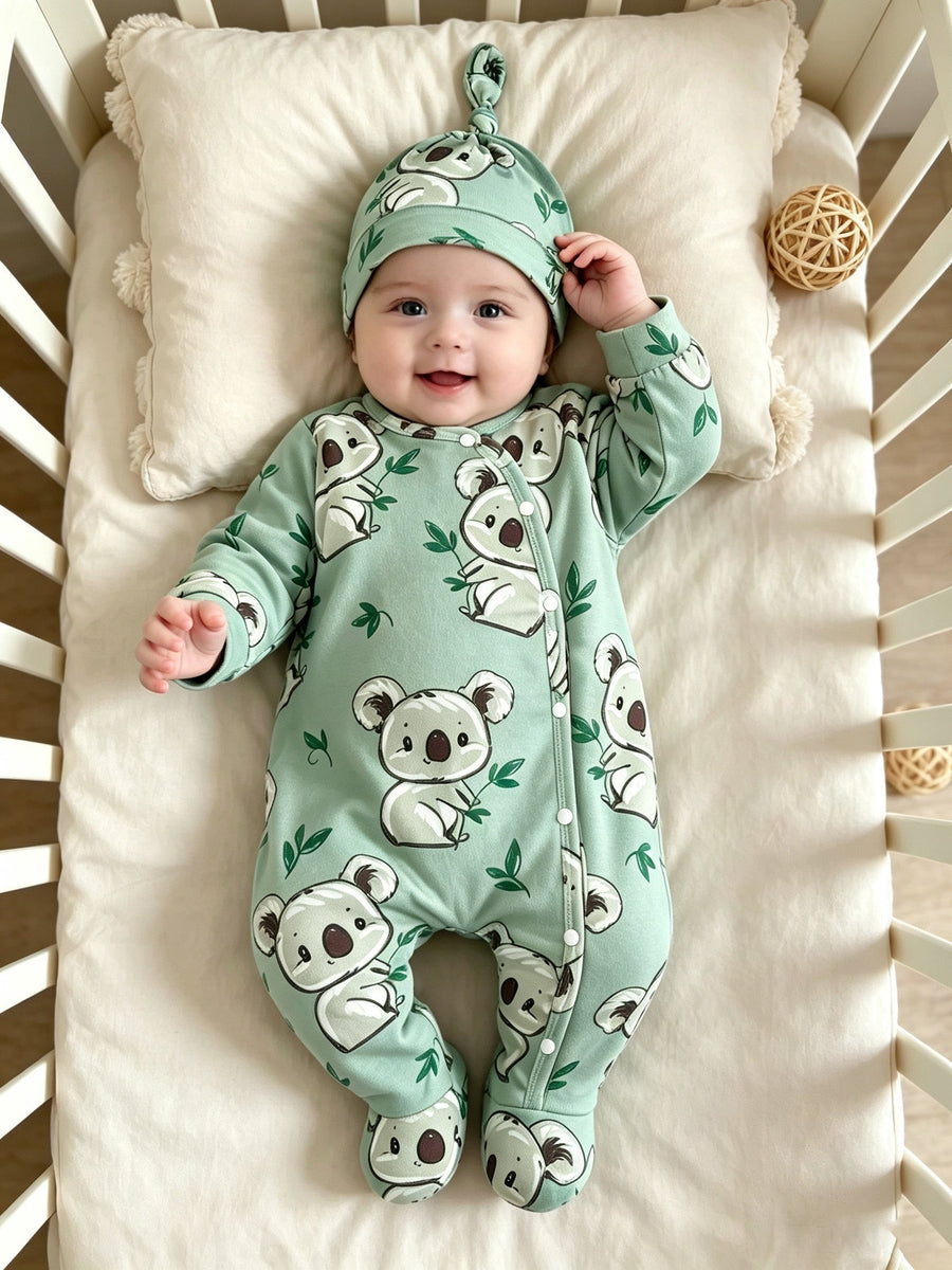 Combinaison bébé pieds doux koala feuille verte unisexe 0-9 mois ensemble body et bonnet pour extérieur